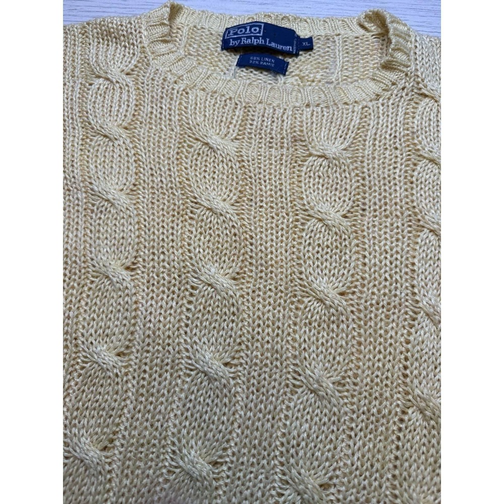 VTG Polo Ralph Lauren Men's Yellow Open Cable Knit Linen Blend Sweater‎ Sz XL